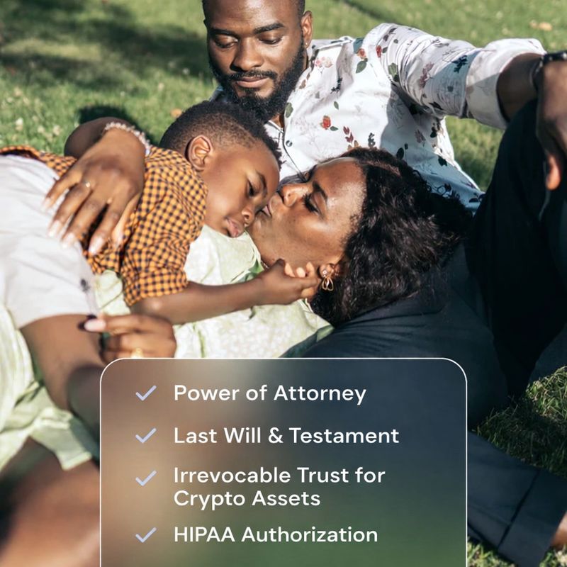 A checklist of items that are included in Trust & Will Estate / crypto plans, such as: "Power of Attorney", "Last Will & Testament", "Revocable Living Trust", and "HIPAA Authorization".